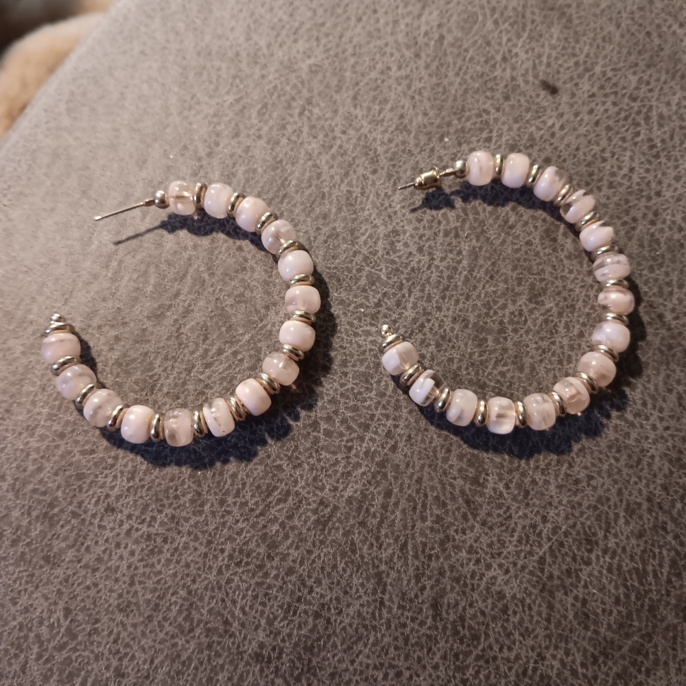 Elegant Cream Beaded Hoop Earrings